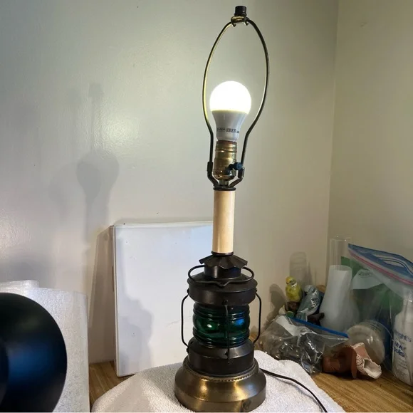 Vintage Nautical Lantern Electric Lamp Green Glass Lantern Base 3-Way Lamp - Picture 9 of 16